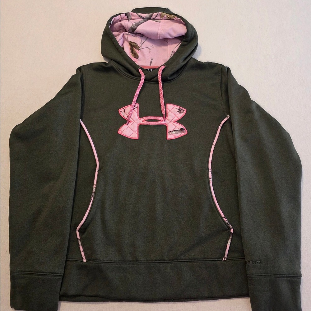 Under Armour Hoodie Womens Large Green Pink Storm Realtree Camo Logo Pullover